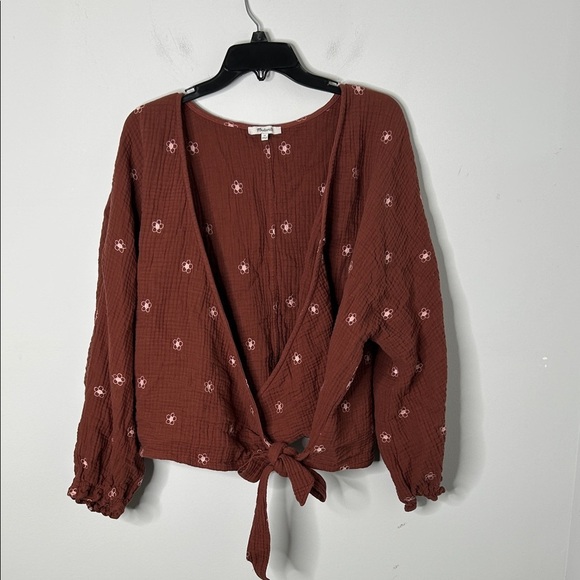 Madewell Maira Lightspun Embroidered Floral Burnished Mahogany Weap Top - Picture 2 of 7